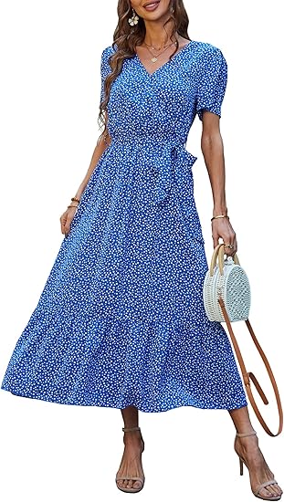 Women's Summer Floral Boho Maxi Dress Short Sleeve Wrap V Neck Ruffle Long Flowy Beach Wedding Guest Dresses