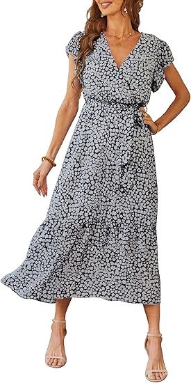 Women's Summer Floral Boho Maxi Dress Short Sleeve Wrap V Neck Ruffle Long Flowy Beach Wedding Guest Dresses